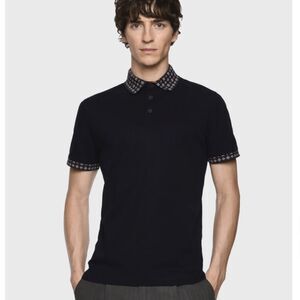 LORENZONI Navy Polo Contrast Printed Collar Micronized Cotton Short Sleeve Shirt